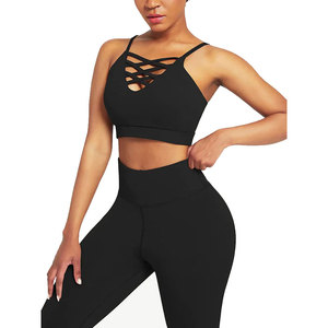 Black Crisscross Strap Yoga Set Scoop Neck Crop <b>Top</b> High Waist Full Length Leggings 2 Piece Spandex Polyester Activewear - Product Image 1