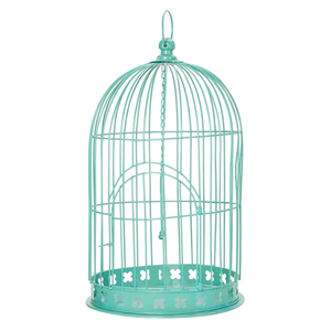 Cage à oiseaux vintage en fil de fer bleu sarcelle, ronde, suspendable, avec base décorative pour une utilisation en intérieur, en extérieur ou dans le jardin - Product Image 1