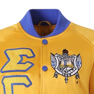 Chaqueta Varsity Dorada para Mujer con Ribete Azul, Cierre de Botones a Presión, Escudo Bordado, Letras Gráficas, Ropa Deportiva Informal - Product Image 6