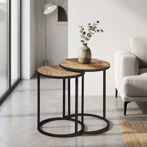 Juego de Mesas Auxiliares Modernas Rafert, Ecológicas, Duraderas, Redondas, con Base de Hierro y Tapa de Madera, para Apartamento, Cafetería, Salón - Product Image 1