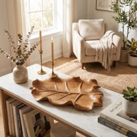 Nouvelle Assiette de Présentation Moderne Minimaliste en Bois de Teck Sculpté à la Main, Motif Feuille Tropicale, Écologique, Compatible Lave-Vaisselle, pour la Maison