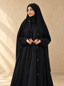 Elegant Matte Black <b>Chiffon</b> Abaya Front Buttons for Muslim Women Modest Islamic Wear Hajj Umrah Prayer Four-Way Stretch <b>Maxi</b> - Product Image 2