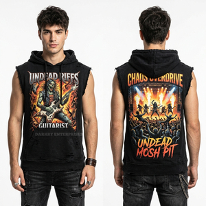 Custom Sleeveless Hoodie <b>Black</b> Heavy Metal Undead Graphic Vest Streetwear Men Raw Edge Gym Wear Muscle Fit <b>Fleece</b> Pullover - Product Image 1