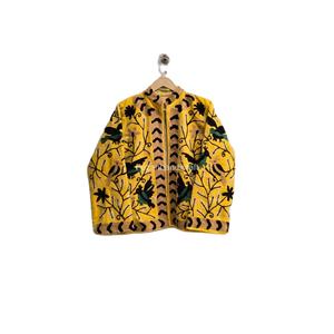 Chaqueta de Terciopelo Amarillo con Bordado de Aves, Chaqueta Estilo Boho Chic, Chaqueta Uzbeka Suzani con Forro Interior de Algodón - Product Image 1