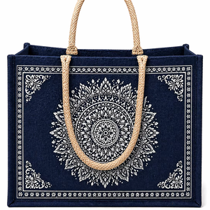 Sac fourre-tout en jute bleu marine imprimé mandala avec poignée en corde, écologique, réutilisable, pour la plage ou le shopping, design ethnique, logo personnalisé - Product Image 1