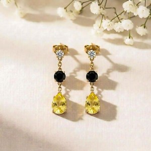 Lemon Quartz & Black Obsidian Drop <b>Earrings</b> Pear Oval CZ Accent Minimalist Dangle <b>Studs</b> Sterling <b>Silver</b> Jewelry Gift For Her - Product Image 1