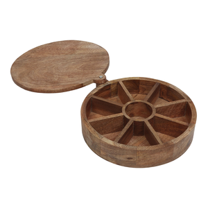 Elegant Round Wooden Masala <b>Storage</b> <b>Chest</b> with Multi Section Interior Hinged Cover and Compact Kitchen Countertop Design - Product Image 2
