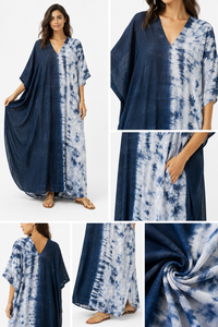 Trendy Women Navy Blue Tie Dye V Neck Bohemian <b>Kaftan</b> Maxi Dress 100% Cotton Woven Eco-Friendly Modern <b>Summer</b> Beach Wear Resort - Product Image 2