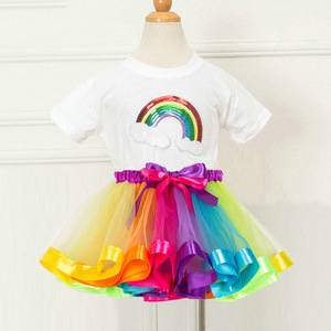 เสื้อยืดประดับเลื่อมสีรุ้งพร้อมชุดกระโปรงตูตูสำหรับเด็กผู้หญิงสวมใส่ในฤดูใบไม้ผลิฤดูร้อนสไตล์หวานแขนสั้นคอกลมชุดเดรสทรงปกติ - Product Image 6