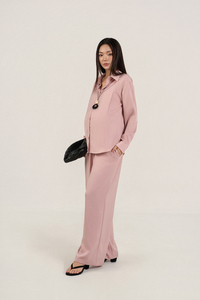 Ensemble 2 pièces en soie mélangée pour femme, col chemise, haut à manches longues et pantalon long, coupe classique, respirant, uni, style décontracté et élégant - Product Image 4