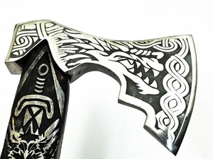 Norse Design Tomahawk <b>Axe</b> Forged Steel Wood <b>Handle</b> 18-19 Inch Survival Tool Custom Engraved Pattern Viking Style - Product Image 3