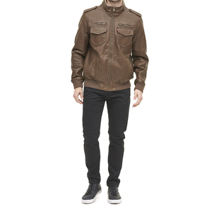 <b>Men's</b> Brown <b>Leather</b> Moto <b>Jacket</b> Stand Collar Zip Front Flap Pockets Regular Sleeve Autumn Style - Product Image 3
