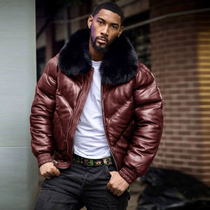 <b>Men's</b> Black PU Puffer <b>Jacket</b> With Fur Collar Zipper Closure Winter Thick Windproof Moto Style <b>Short</b> Length - Product Image 4