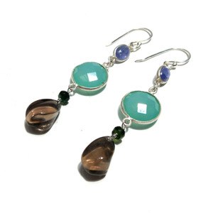 Pendientes Colgantes Ovalados de Piedra Natural Calcedonia Acuática, Cuarzo Ahumado y Tanzanita, Plata de Ley 925, Hechos a Mano, Unisex, Venta al Por Mayor - Product Image 3