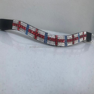 High Quality Personalized Flag Preciosa <b>Crystals</b> Black English Leather Horse Brow Band with <b>Stitched</b> Loops All Sizes Available - Product Image 6