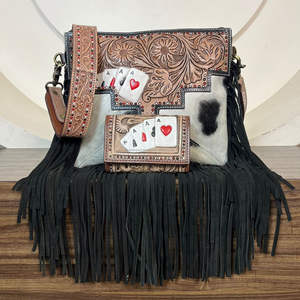 Conjunto combinado de 2 piezas de piel de vaca auténtica de alta calidad para mujer, conjunto de bolso de hombro y cartera corta de piel de vaca a mano OEM ODM - Product Image 4