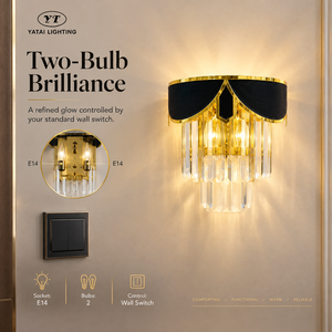 Lámpara de pared moderna de lujo con cristal K9, marco de hierro dorado pulido, ribete de cuero negro, dos enchufes E14 para pasillo de hotel. - Product Image 4