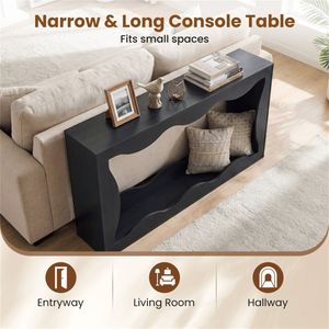 63\" Extra Long Black <b>Console</b> <b>Table</b> with Wavy Hollow Design and Storage Shelf for Entryway 2 Tier <b>Narrow</b> <b>Narrow</b> <b>Console</b> <b>Table</b> - Product Image 6