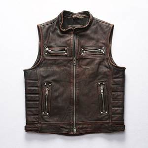 FAZMAX <b>Men's</b> <b>Black</b> Genuine Leather High Street Winter Moto <b>Vest</b> V-neck Solid Color Outerwear Regular Length Garment Dyed - Product Image 1