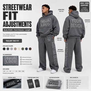 Ensemble survêtement gris à capuche pour homme avec logo personnalisé en relief – Sweat-shirt et pantalon en molleton de coton coupe oversize longueur intégrale - Product Image 6