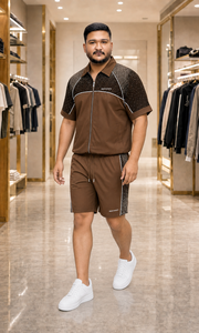 REXFIT <b>SPORTS</b> 2026 Custom Unisex Brown Nylon Short Sleeve Zip <b>Jacket</b> and Shorts Set Dotted Print Streetwear Private Label - Product Image 5