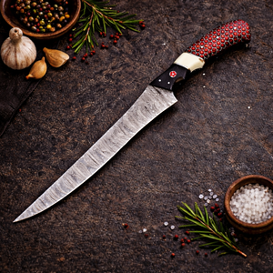 Cuchillo de filetear pescado de acero de Damasco hecho a mano, mango estilo nido de abeja de resina, diseño moderno, hoja de 8 pulgadas, ambidiestro, funda de cuero - Product Image 5