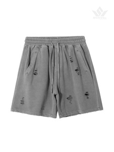 Shorts en coton gris délavé et usé pour homme, avec cordon de serrage, taille élastique, style streetwear décontracté, bermudas avec poches latérales - Product Image 2