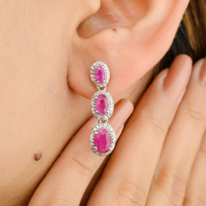 14K White Gold Vintage Pearl Drop Earrings with Ruby and Diamond Accents - Product Image 1