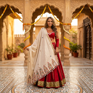 Lehenga Choli rouge traditionnel pour femmes avec dupatta brodée, tenue de mariage et de Navratri, style indien - Product Image 1