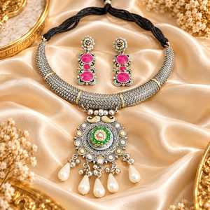 Ethnic Tai Silver Jewelry Set <b>for</b> <b>Women</b> Antique Plated Alloy <b>Choker</b> with Imitation Pearl Drop Bridal Gift - Product Image 4