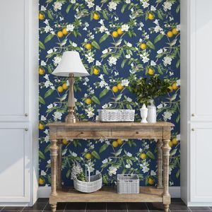 Carta da Parati Adesiva Blu Scuro con Motivi Floreali, Carta Adesiva Vintage con Uccelli, Foglie e Frutta, Impermeabile e Rimovibile, Design Botanico - Product Image 5