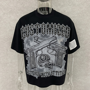 Camiseta Negra Personalizada para Hombre, Estilo Punk, Estampado de Calaveras, Cuello Redondo, Corte Regular, Algodón Jersey - Product Image 1