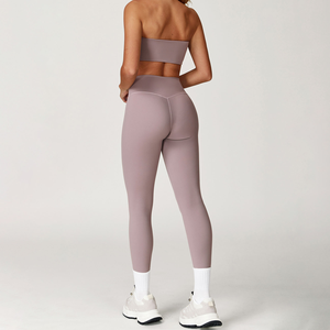 Conjunto de Yoga Rosa de 2 Piezas, Top Corto sin Tirantes, Cintura Alta, Ropa Deportiva sin Costuras de Longitud Completa - Product Image 3