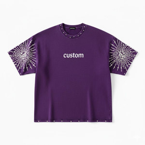 Premium Heavyweight Cotton Purple Acid Wash Oversized T-shirt | Rhinestone Sunburst Sleeve Design & <b>Studded</b> Neckline Streetwear - Product Image 1