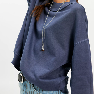 Wholesale Custom Vintage <b>Navy</b> Blue 100% Cotton Plus Size Long Sleeve Fleece Breathable Winter Mock Neck Sweatshirt For Women - Product Image 3