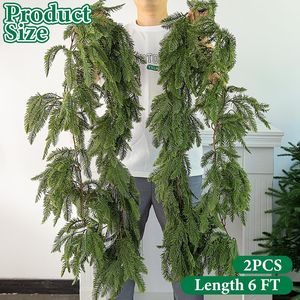 2 Pezzi Ghirlanda di Pino Norfolk Natalizia da 1,8 m, Realistica, Artificiale, Verde Intenso, con 3 Rami, Ornamento per Ghirlanda - Product Image 1