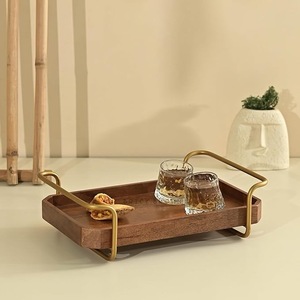 Handmade <b>Rustic</b> Wooden Decorative Serving Tray Gold Metal Handle Rectangular Walnut Tray for Living Room <b>Coffee</b> <b>Table</b> Decor - Product Image 1