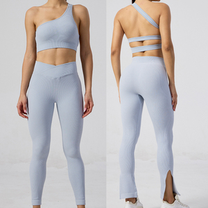 New Women's Seamless One Shoulder Sports Bra with Elastic Waist Solid Pattern Comfortable and Breathable 2-Piece Set - Product Image 3