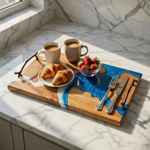 Plateau de service en bois et résine époxy de qualité supérieure, fait main, avec grain de bois naturel, pour cuisine, salle à manger et cadeaux, en vente - Product Image 1