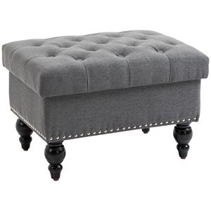 Pouf in Tessuto Trapuntato Grigio da 25 Pollici con Coperchio Rimovibile e Gambe in Legno, Panca con Bottoni per Casa, Ufficio o Ingresso, Poggiapiedi Rettangolare - Product Image 1