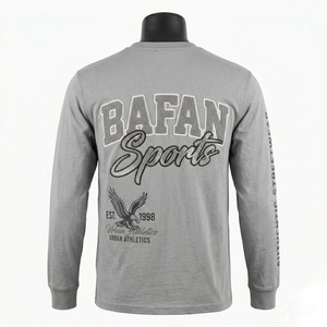 T-shirt à manches longues en coton premium 220 GSM gris avec patch en chenille et logo brodé - Product Image 6