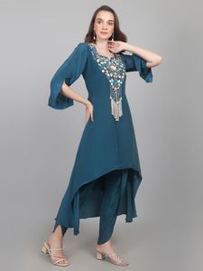 Elegant Party Wear Peacock shade Dhoti Kurta Set with <b>Thread</b> and <b>beads</b> work Designer Edition Casual Wear - Product Image 4