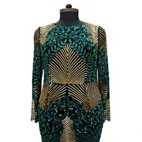 Robe de bal élégante verte et or à manches longues, robe maxi lourdement brodée et perlée, robe de soirée de luxe pour banquet formel