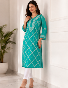 Exclusive Indian Georgette <b>Chikankari</b> Kurti Designer Sea Green Thread Embroidered Long Ethnic Wear for Women Wholesale - Product Image 1