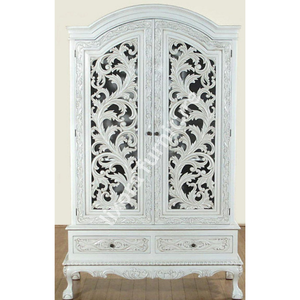 Luxury Handcrafted Solid Wood 2 Door <b>Wardrobe</b> Ornate Leaf Scroll Carving Shabby Chic White Armoire - Product Image 5