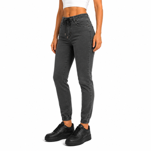 High <b>Waist</b> Dark Grey Skinny Denim <b>Jeans</b> <b>With</b> Drawstring <b>Elastic</b> <b>Waist</b> And Cuffed Hem Casual Women's Full Length Jogger Pants - Product Image 5