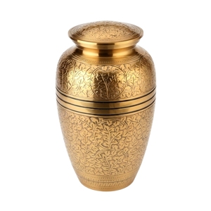 Urne funéraire traditionnelle en laiton brossé doré, gravée à la main, pour cendres d'adultes, avec motifs décoratifs en forme de feuille - Product Image 6