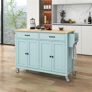 Solid Wood Top Kitchen Island Cart with 4-Door Cabinet 2-Locking Wheels Adjustable Shelves Spice Towel Holder - Product Image 2