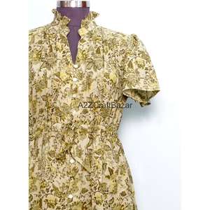 Vestido Mini de Mujer 100% Algodón Tejido, Cuello en V, Manga Corta, Cintura Alta, Corte en A, Estampado Floral Digital, Lavable, Transpirable, para Oficina - Product Image 3