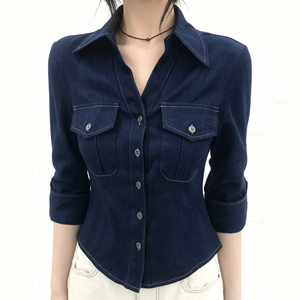 Chemise en jean pour femme, coupe droite, manches longues, col rabattu, boutonnée, décontractée, pour le bureau, automne, style vintage, effet amincissant - Product Image 1